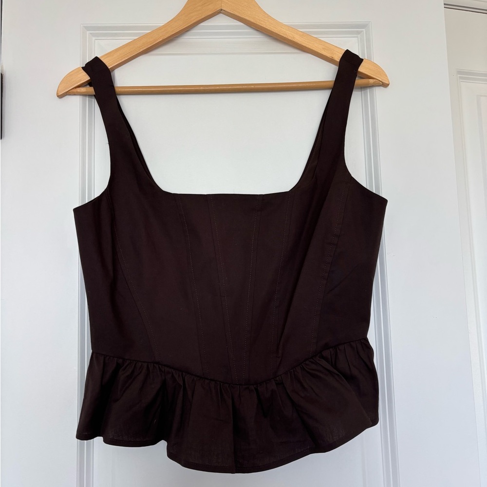 WAYF Dark Brown Espresso Demi Corset Peplum Ruffle Hem Tank Top Size Small NWT